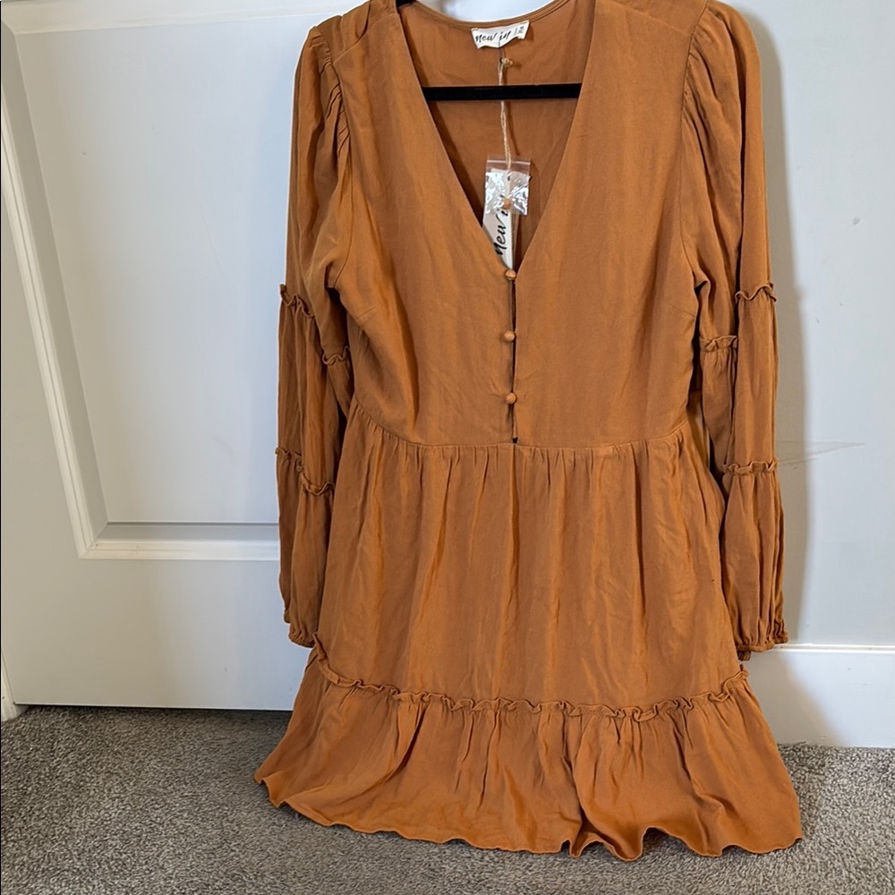 Brown Long Sleeve Tiered Sundress